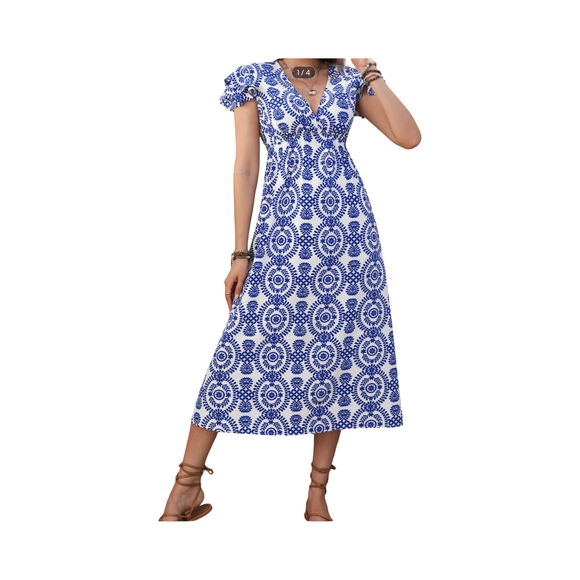 Cupshe Dresses & Skirts - 1 NWOT Cupshe Blue and White Flared Sleeve V-Neck boho maxi dress size small